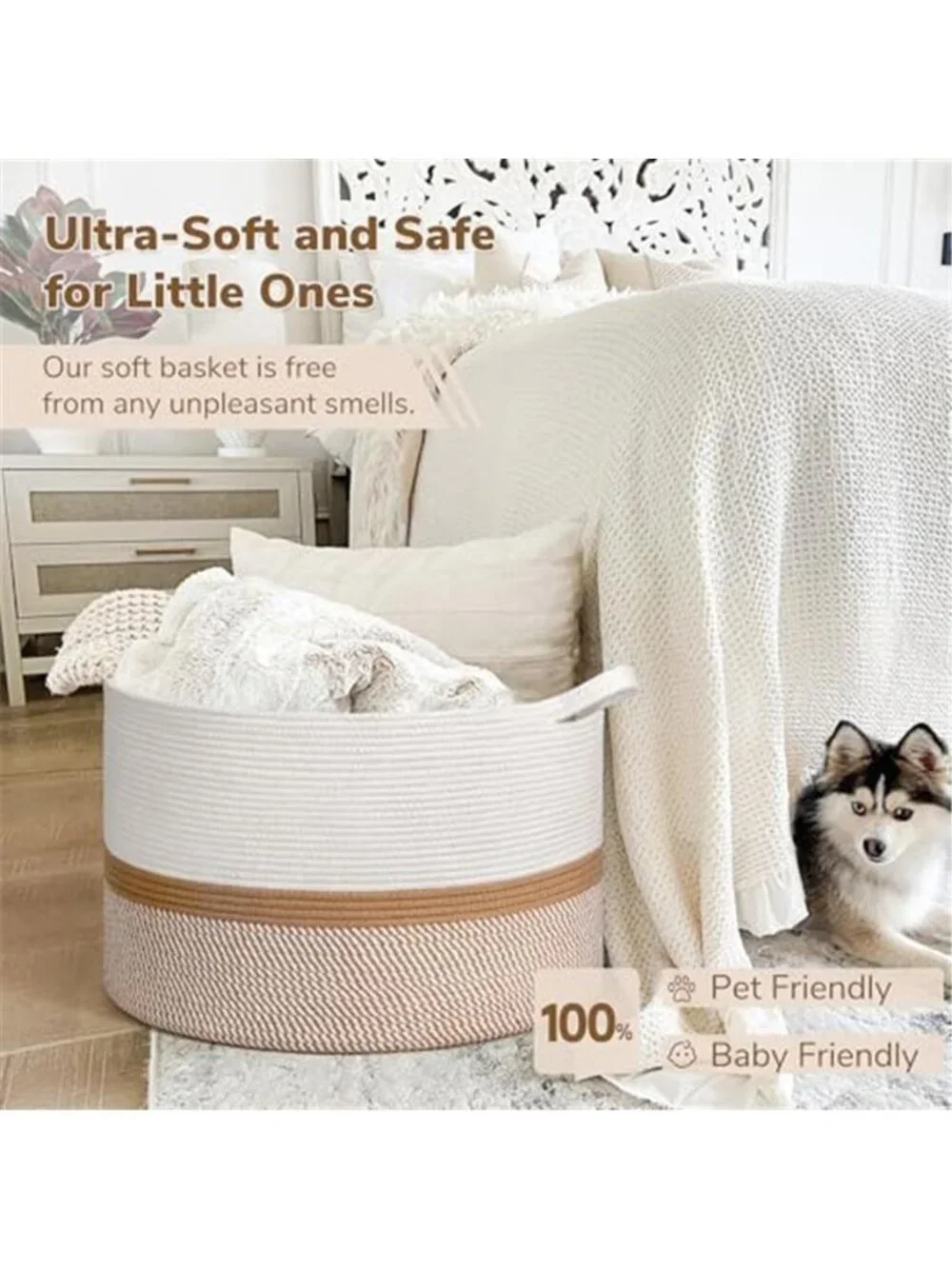 New XXXLarge Woven Rope Blanket Basket Living Room White Camel, 90L